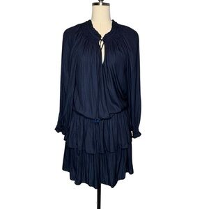 Hale Bob Navy Blue Satin Smocked Long Sleeve Tiered Mini Dress | M